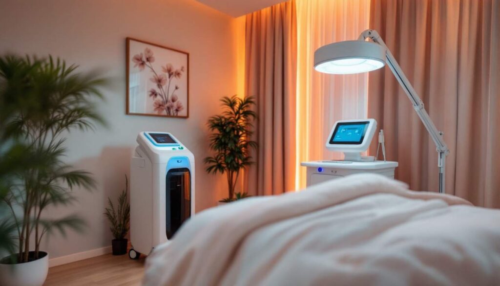 sala de tratamiento estetico con cama y equipos de iluminacion suave